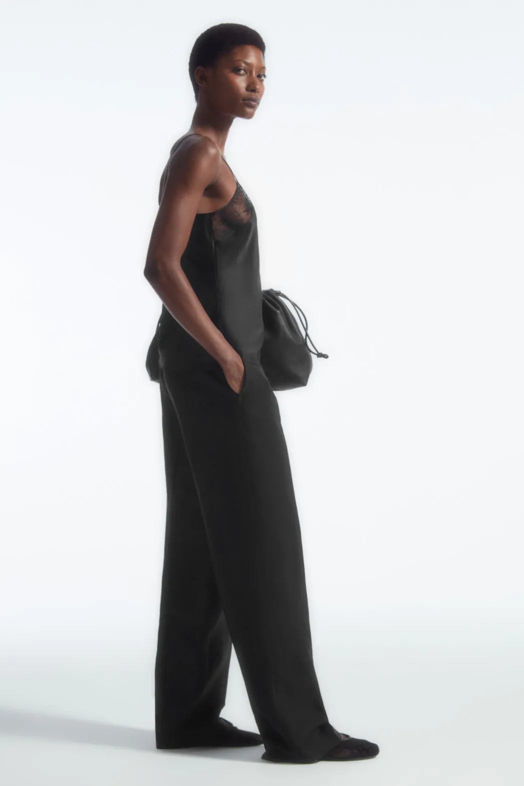 Hot COS LACE-TRIMMED SILK CAMI TOP BLACK