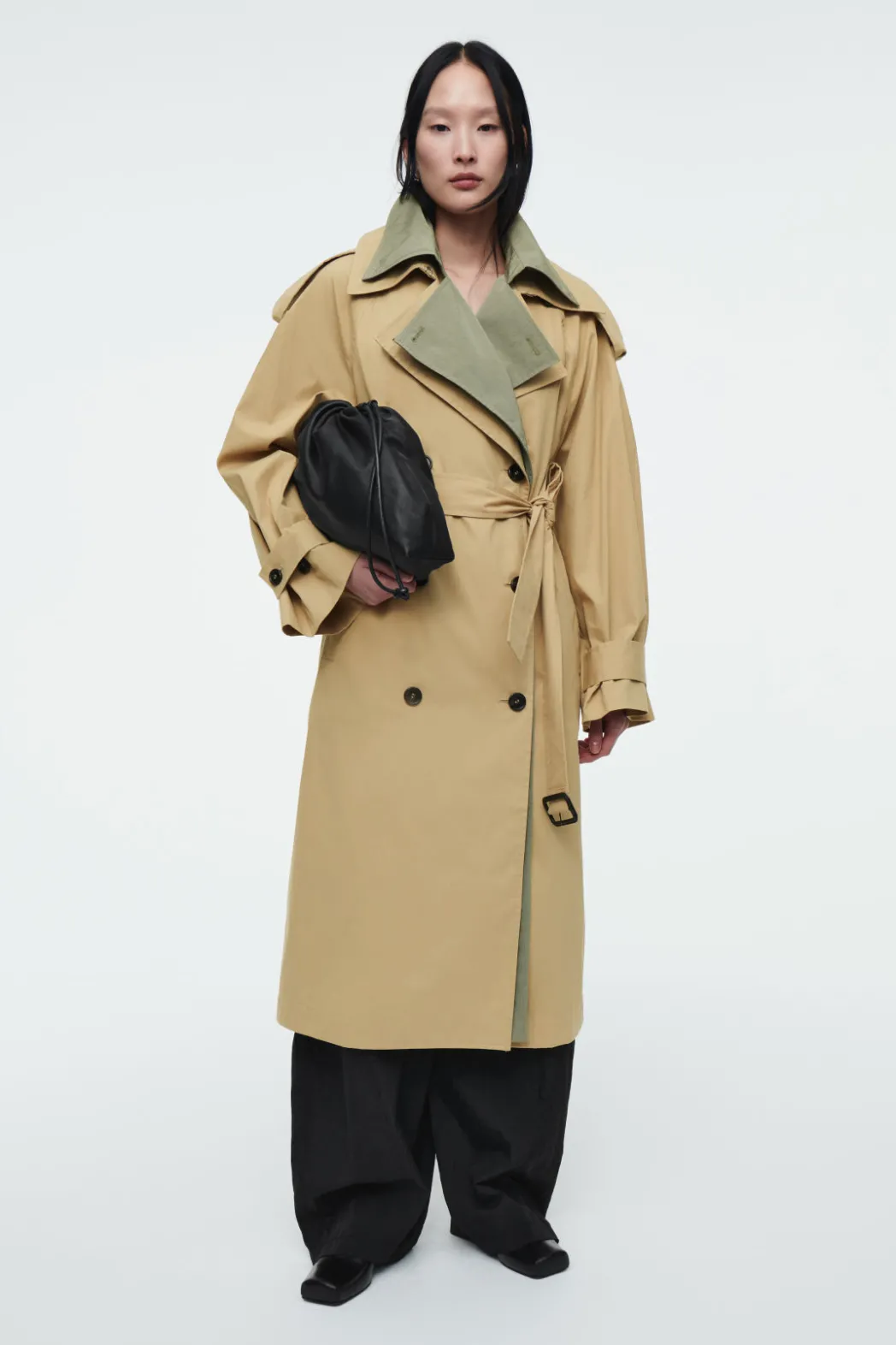 New COS LAYERED DOUBLE-BREASTED TRENCH COAT BEIGE / KHAKI