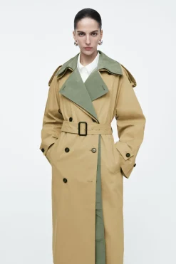 New COS LAYERED DOUBLE-BREASTED TRENCH COAT BEIGE / KHAKI