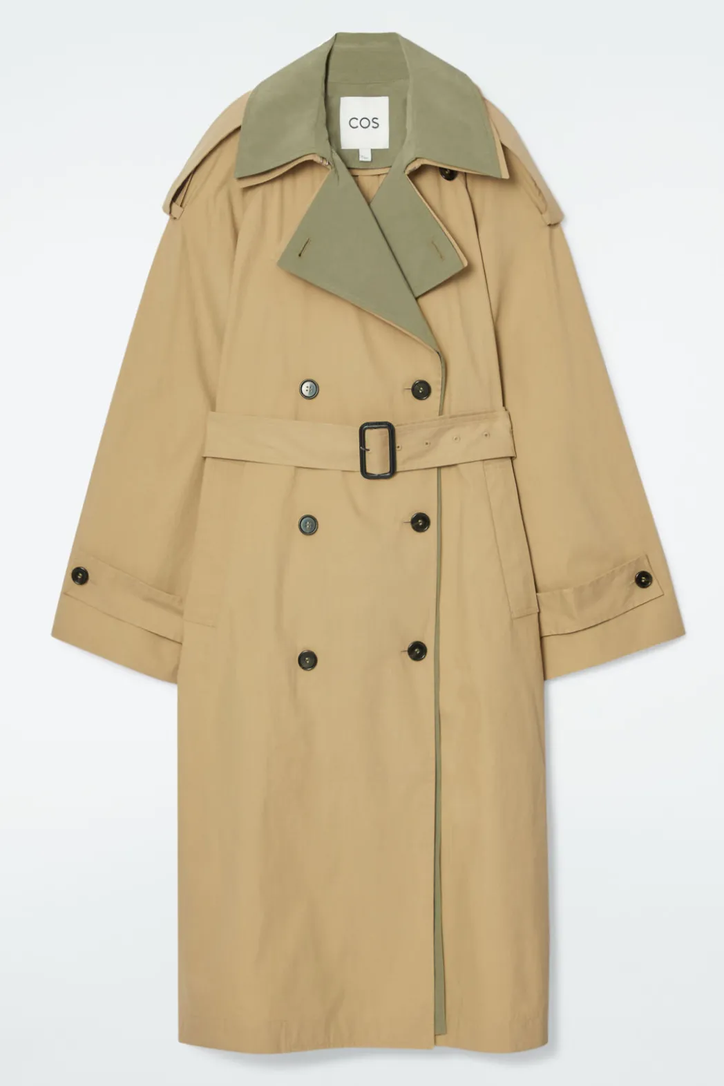 New COS LAYERED DOUBLE-BREASTED TRENCH COAT BEIGE / KHAKI