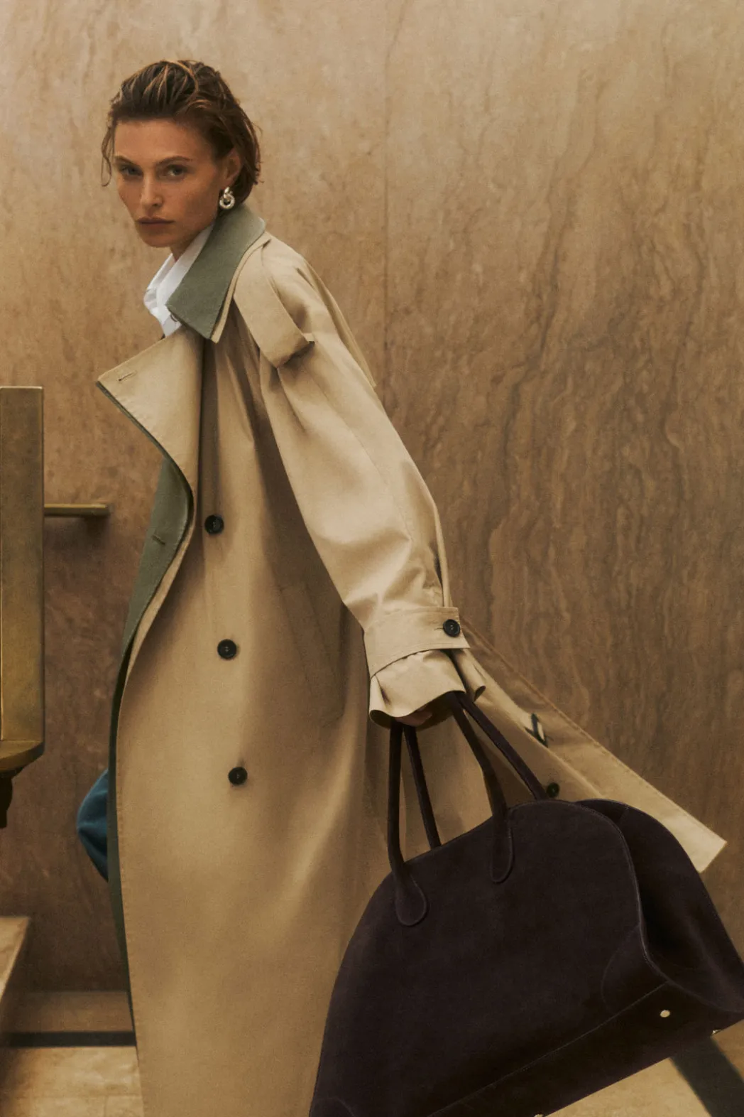 New COS LAYERED DOUBLE-BREASTED TRENCH COAT BEIGE / KHAKI
