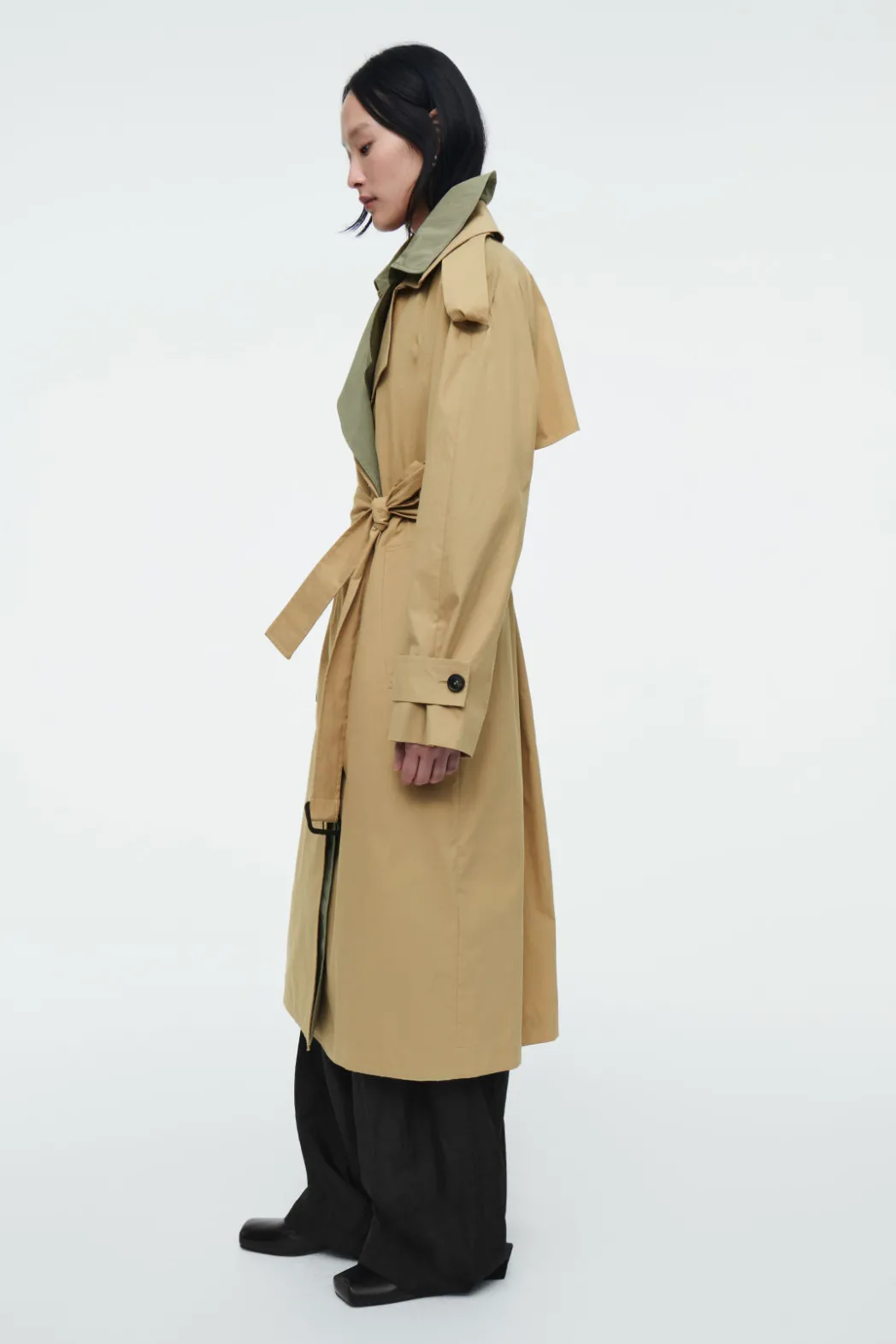New COS LAYERED DOUBLE-BREASTED TRENCH COAT BEIGE / KHAKI