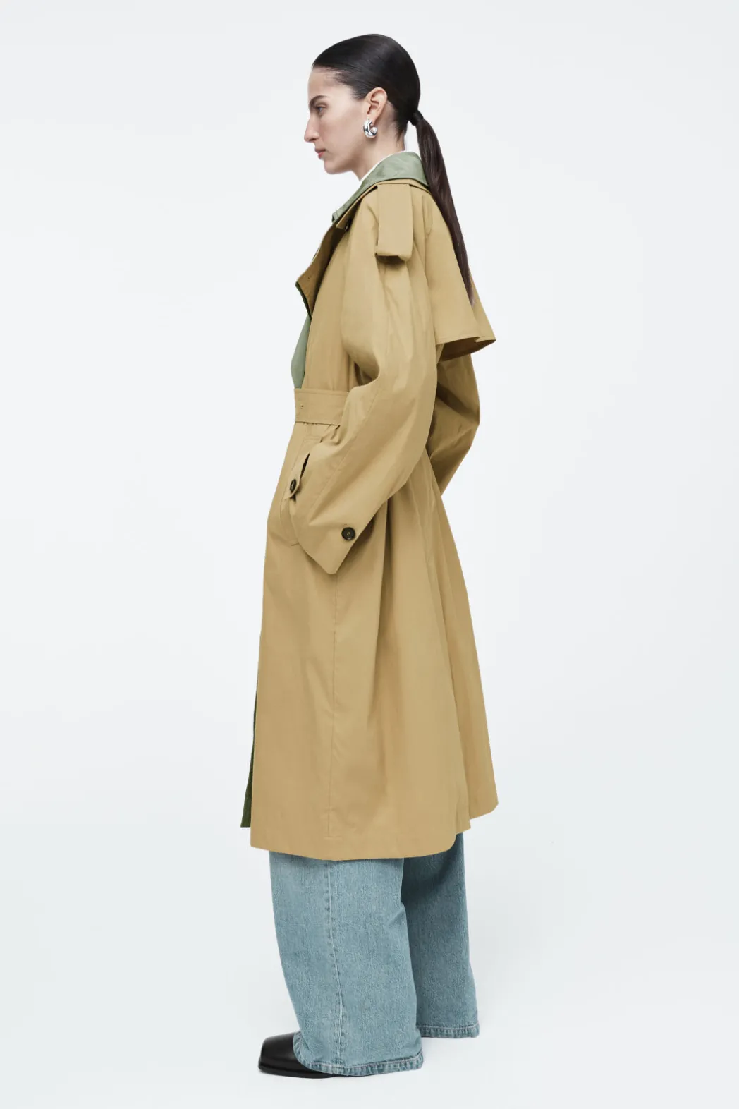New COS LAYERED DOUBLE-BREASTED TRENCH COAT BEIGE / KHAKI