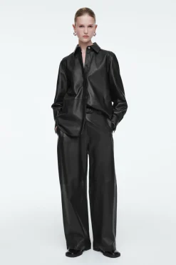 New COS LEATHER BARREL-LEG UTILITY PANTS BLACK