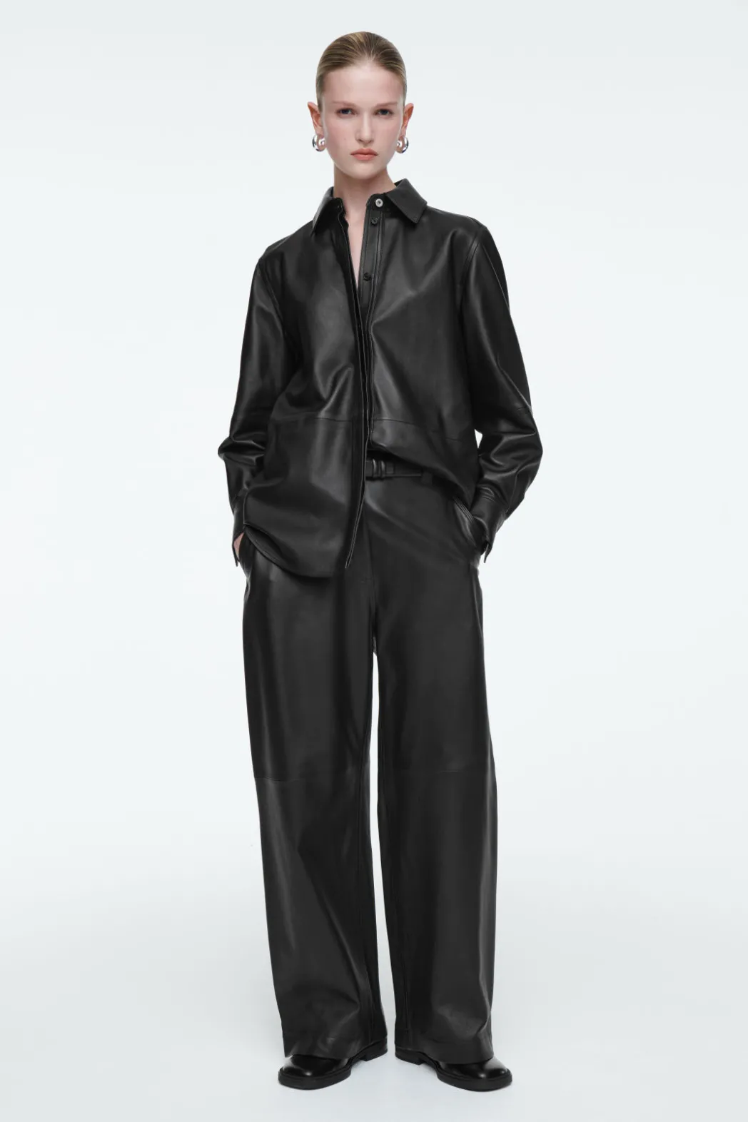 New COS LEATHER BARREL-LEG UTILITY PANTS BLACK