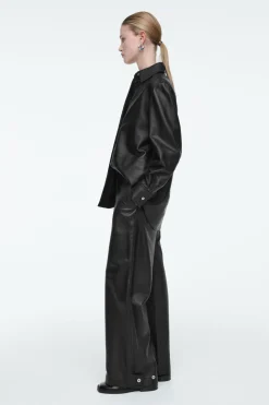New COS LEATHER BARREL-LEG UTILITY PANTS BLACK