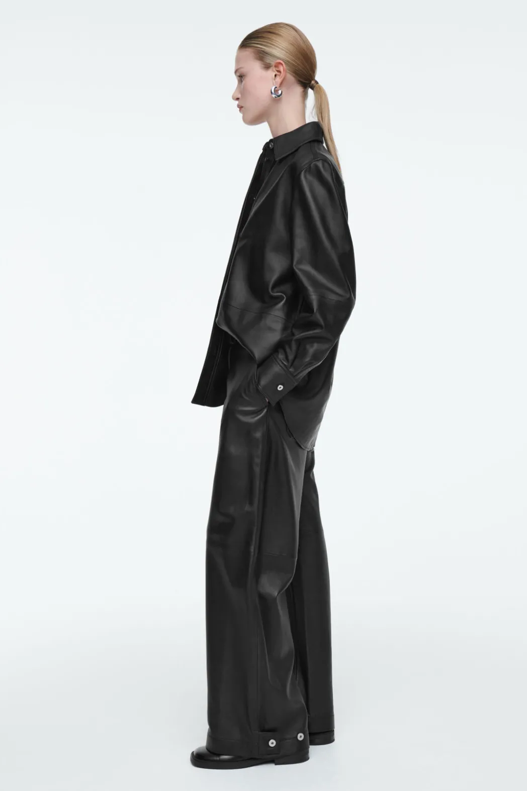 New COS LEATHER BARREL-LEG UTILITY PANTS BLACK