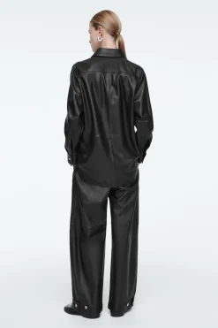 New COS LEATHER BARREL-LEG UTILITY PANTS BLACK