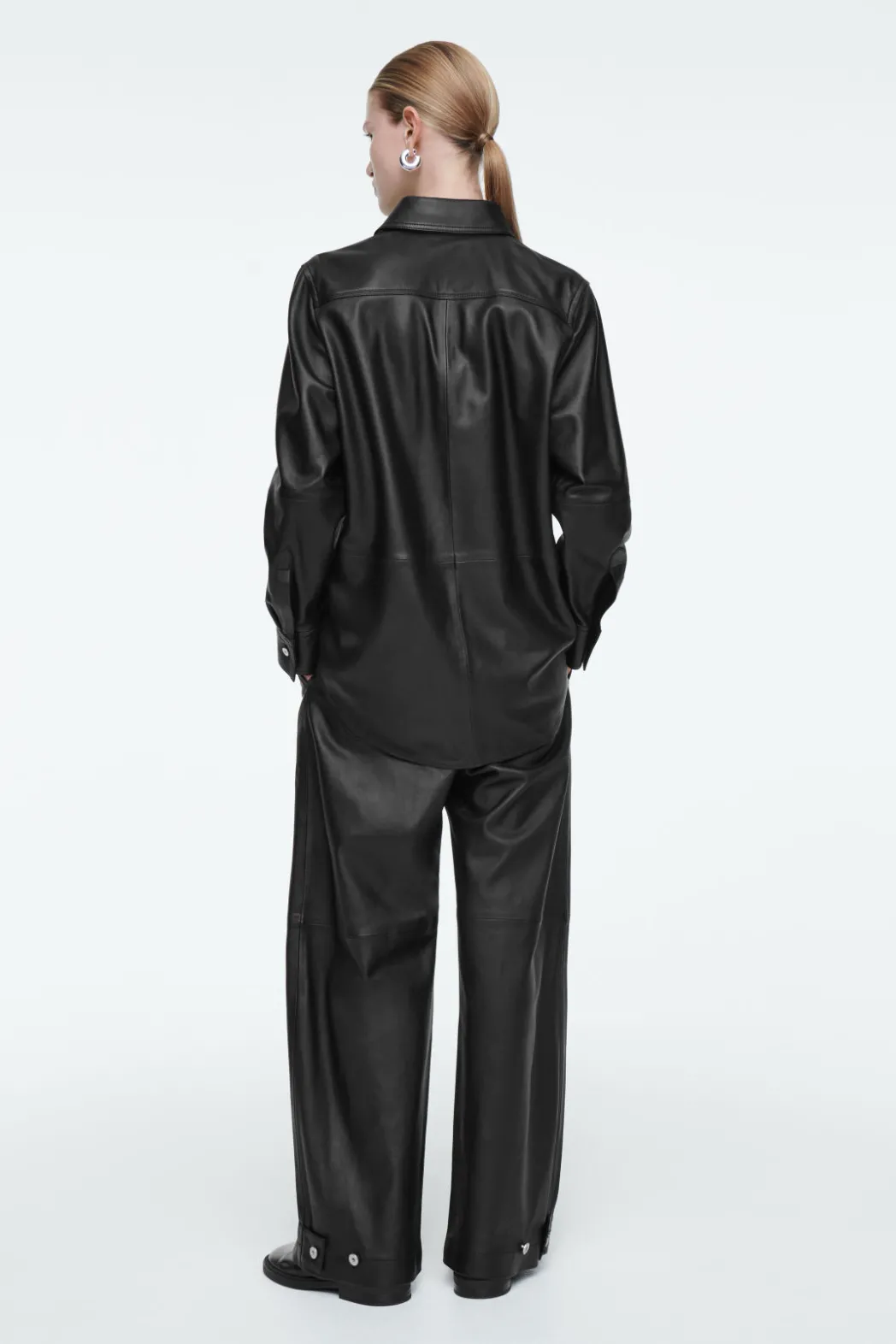 New COS LEATHER BARREL-LEG UTILITY PANTS BLACK