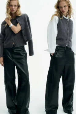 New COS LEATHER BARREL-LEG UTILITY PANTS BLACK
