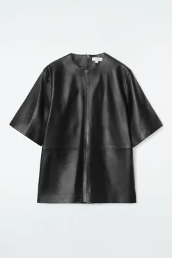 Outlet COS LEATHER T-SHIRT BLACK