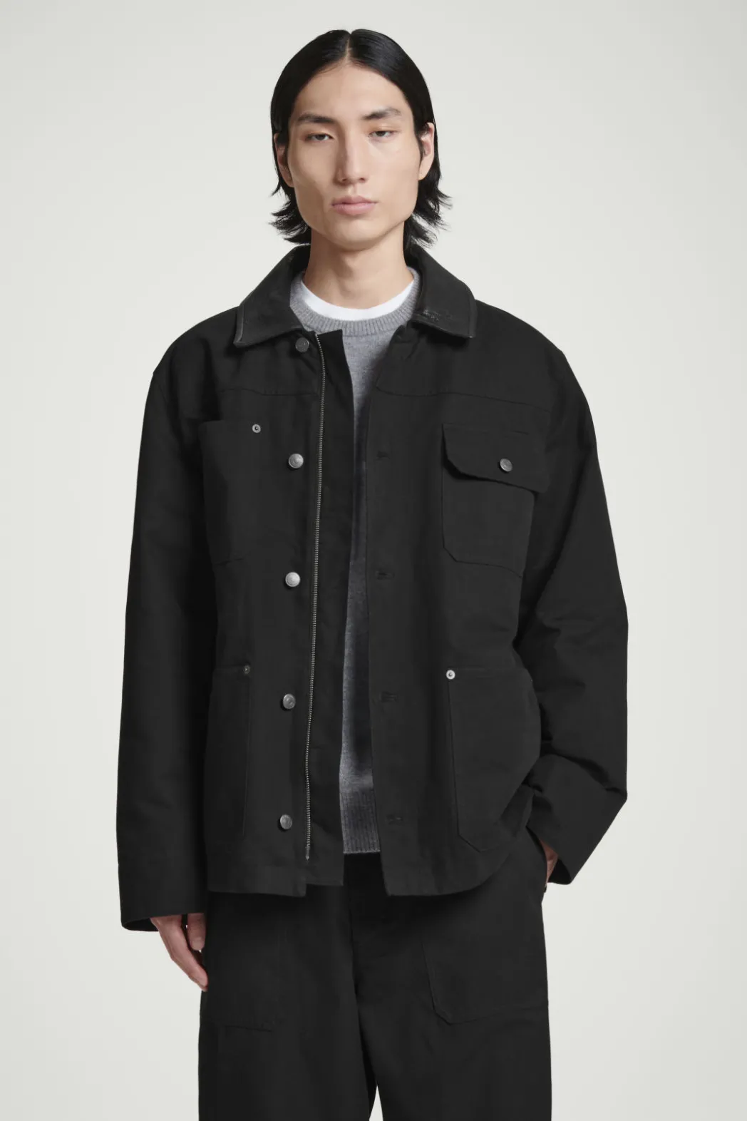 Hot COS LEATHER-COLLAR FIELD JACKET BLACK