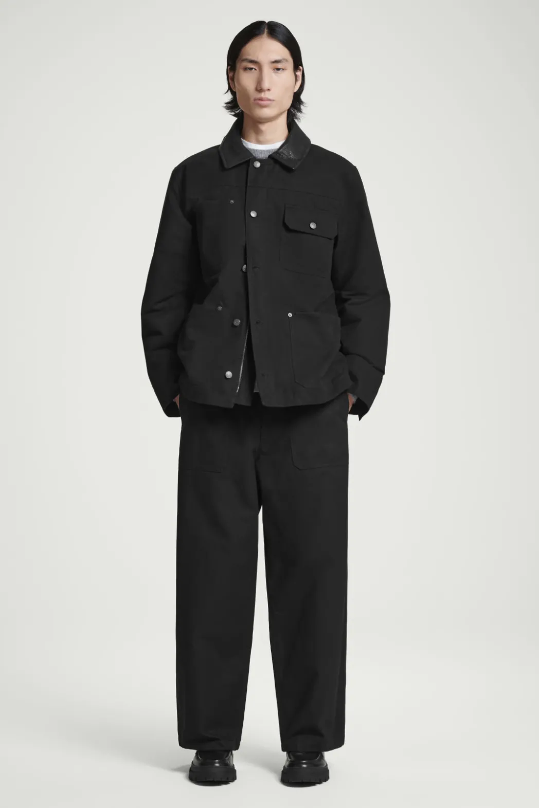 Hot COS LEATHER-COLLAR FIELD JACKET BLACK