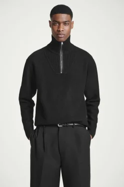 New COS LEATHER-DETAIL MERINO WOOL HALF-ZIP SWEATER BLACK