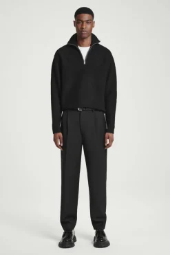 New COS LEATHER-DETAIL MERINO WOOL HALF-ZIP SWEATER BLACK