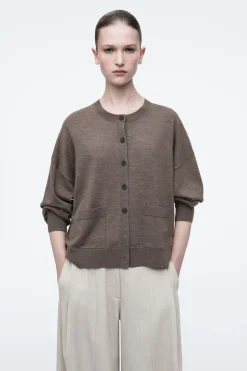 Discount COS MERINO WOOL CREW-NECK CARDIGAN BROWN