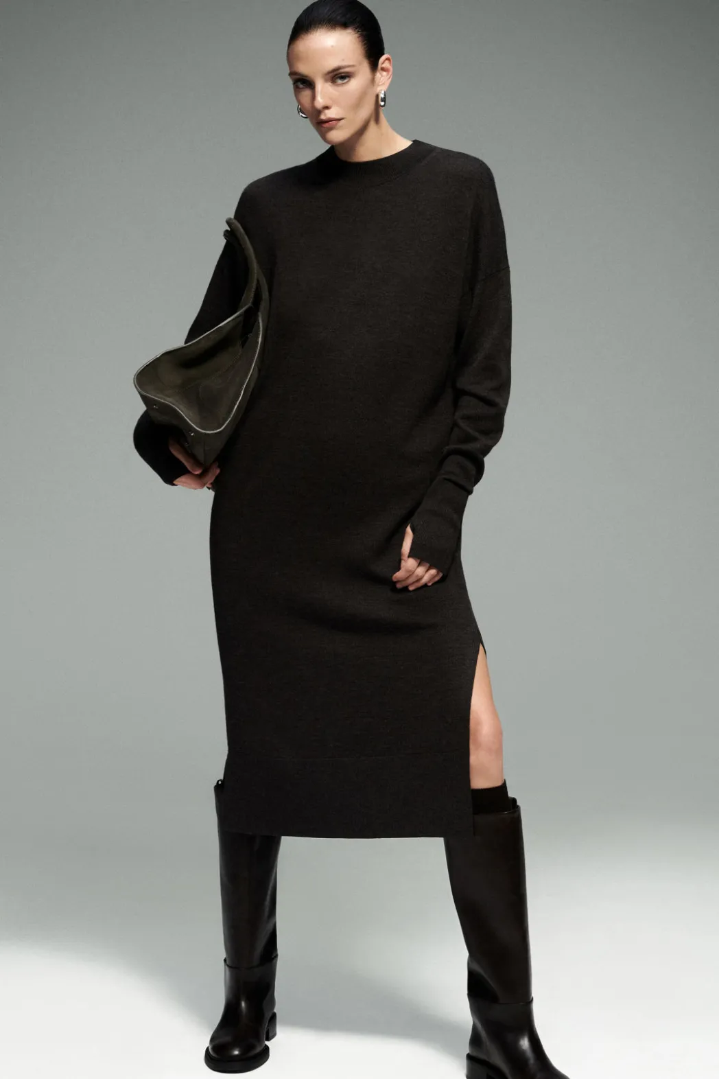 Sale COS MERINO WOOL MIDI DRESS BROWN MÉLANGE