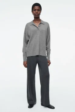 Discount COS MERINO WOOL POLO SHIRT GRAY