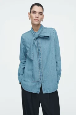 Discount COS NECK-TIE DENIM BLOUSE DUSTY BLUE