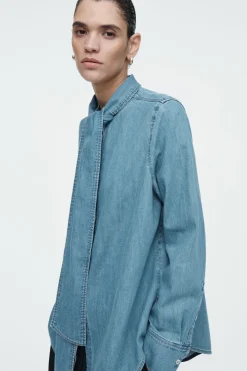 Discount COS NECK-TIE DENIM BLOUSE DUSTY BLUE
