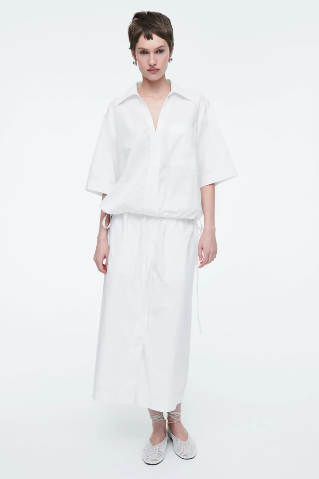 New COS OPEN-COLLAR DRAWSTRING BLOUSE WHITE