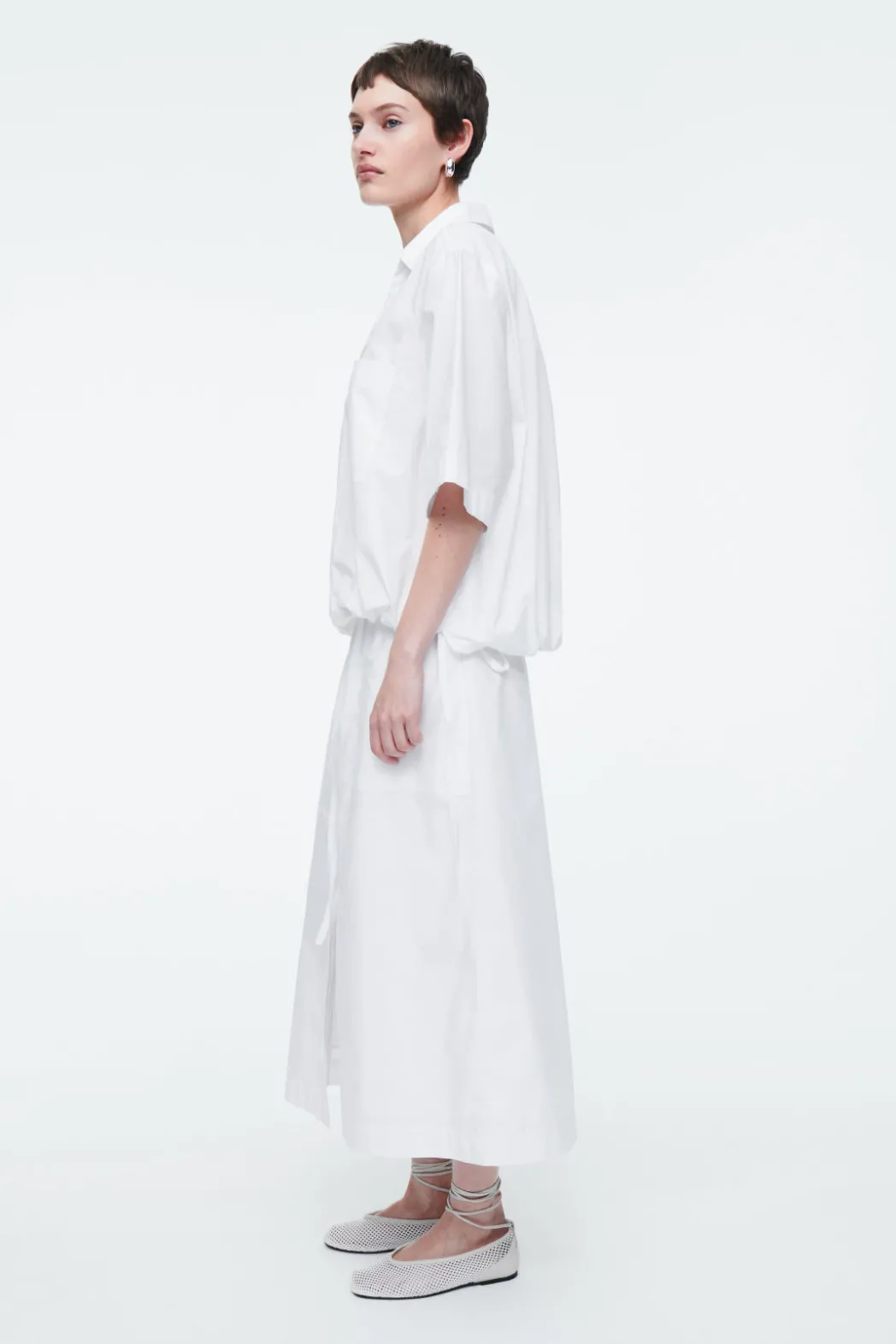 New COS OPEN-COLLAR DRAWSTRING BLOUSE WHITE