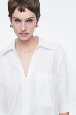 New COS OPEN-COLLAR DRAWSTRING BLOUSE WHITE