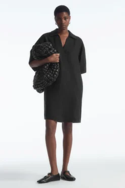 New COS OPEN-COLLAR LINEN SHIRT DRESS BLACK
