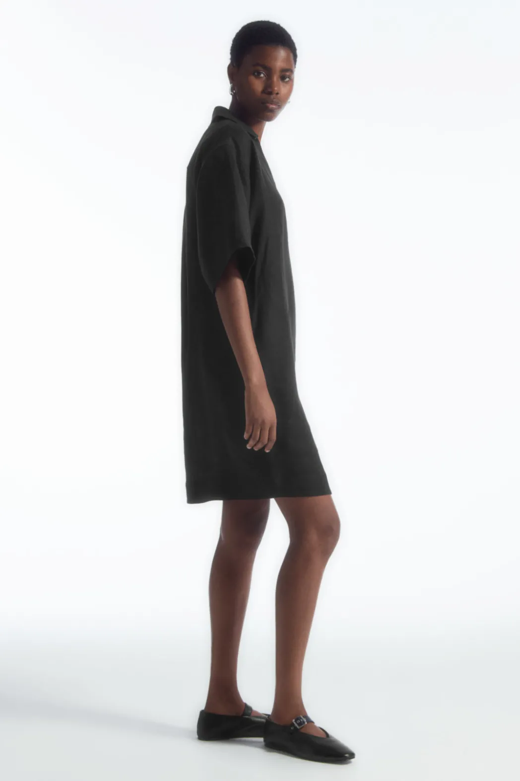 New COS OPEN-COLLAR LINEN SHIRT DRESS BLACK