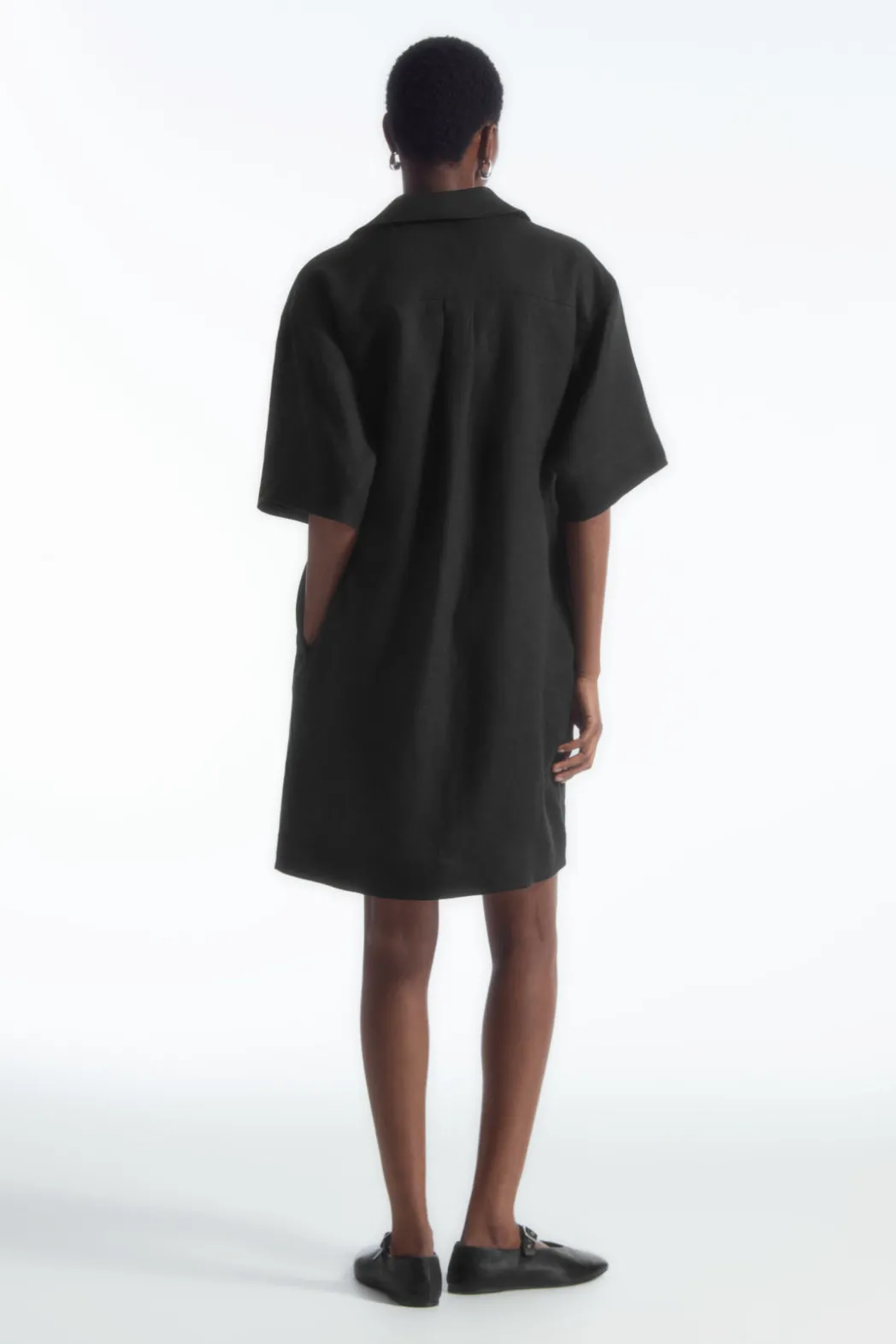 New COS OPEN-COLLAR LINEN SHIRT DRESS BLACK