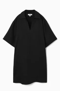 New COS OPEN-COLLAR LINEN SHIRT DRESS BLACK