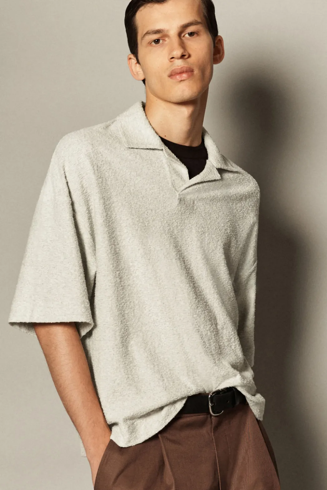 Hot COS OVERSIZED BOUCLÉ-KNIT POLO SHIRT LIGHT GRAY