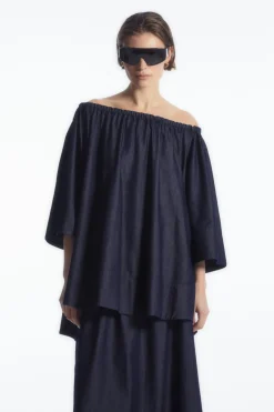 New COS OVERSIZED DENIM OFF-THE-SHOULDER BLOUSE INDIGO BLUE