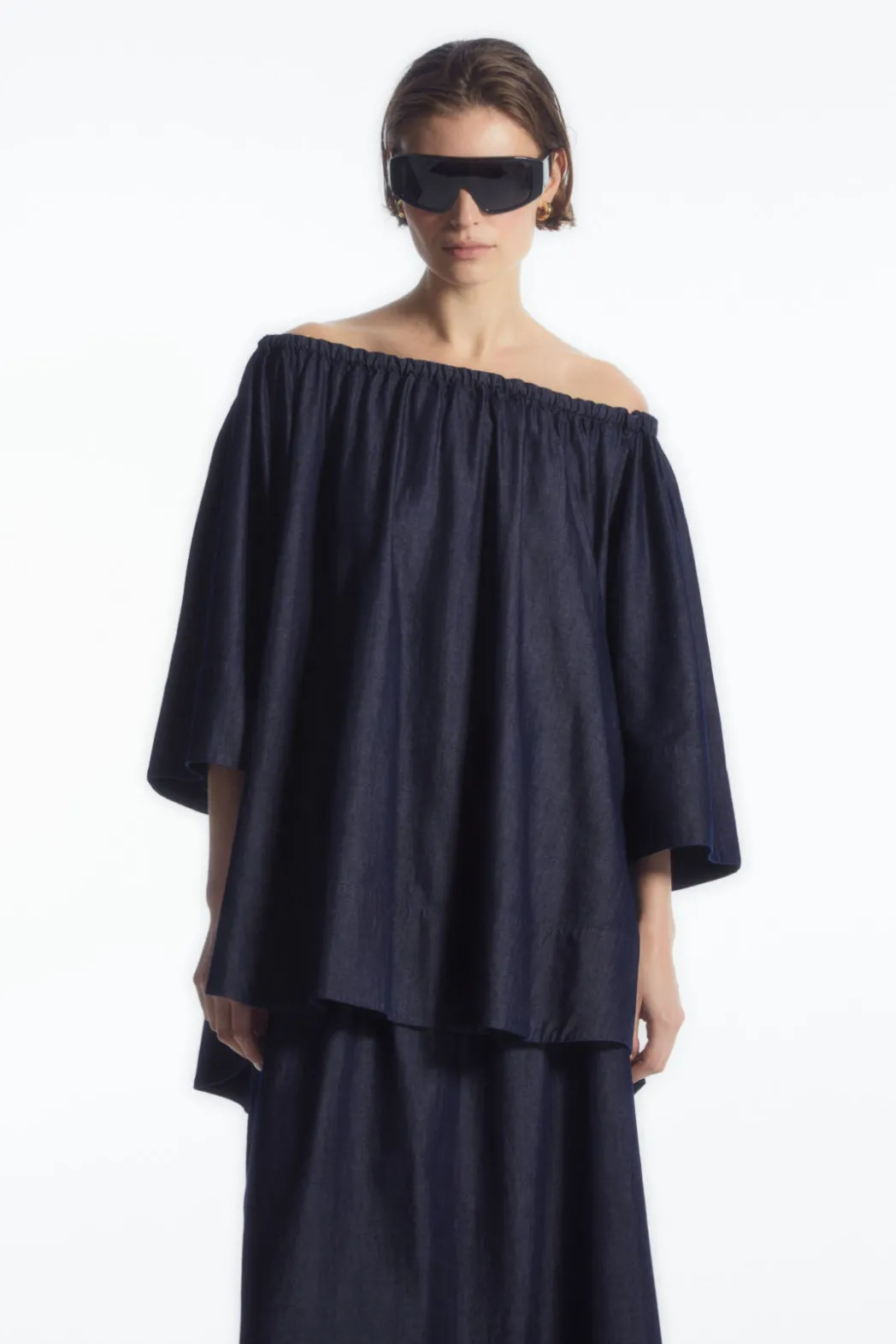 New COS OVERSIZED DENIM OFF-THE-SHOULDER BLOUSE INDIGO BLUE