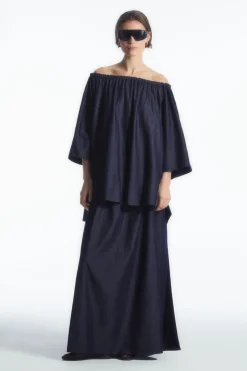 New COS OVERSIZED DENIM OFF-THE-SHOULDER BLOUSE INDIGO BLUE