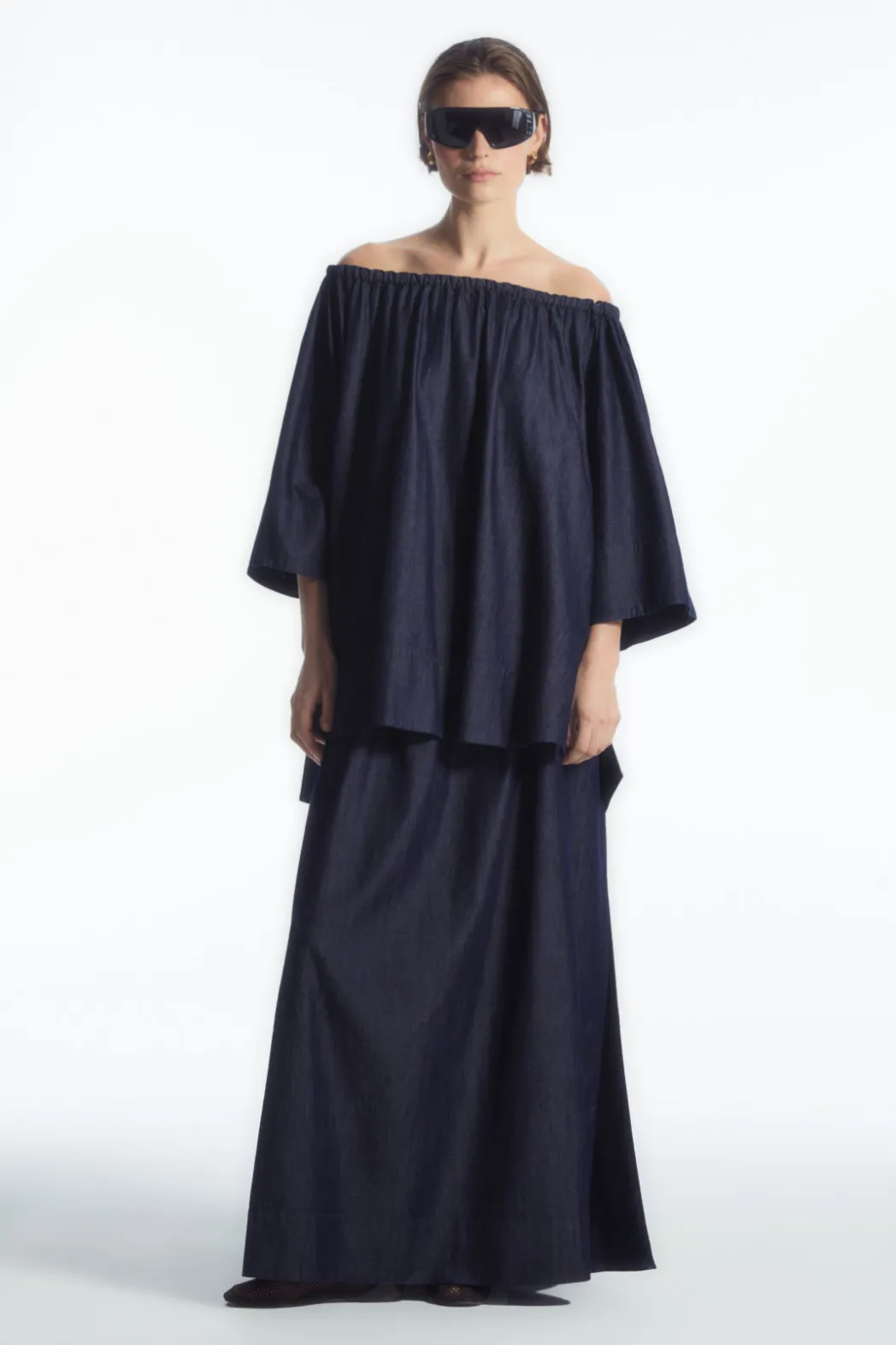 New COS OVERSIZED DENIM OFF-THE-SHOULDER BLOUSE INDIGO BLUE
