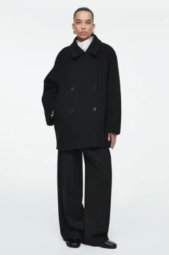 New COS OVERSIZED DOUBLE-BREASTED WOOL PEA COAT BLACK