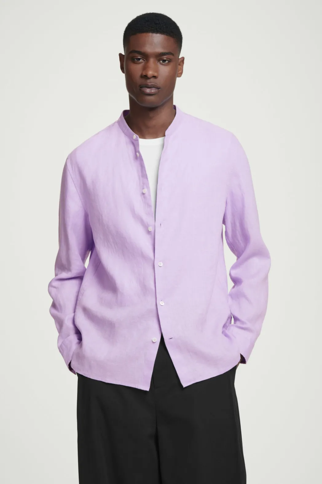 New COS OVERSIZED GRANDAD-COLLAR LINEN SHIRT LILAC