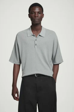 COS OVERSIZED RIBBED-KNIT POLO SHIRT LIGHT GRAY