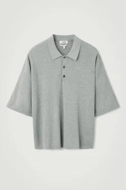 COS OVERSIZED RIBBED-KNIT POLO SHIRT LIGHT GRAY