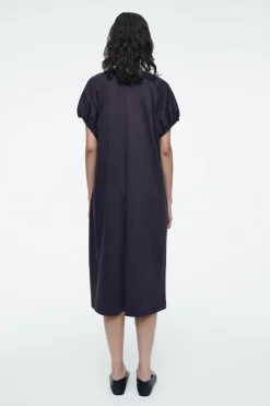 COS OVERSIZED RUCHED-SLEEVE V-NECK DRESS NAVY