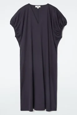 COS OVERSIZED RUCHED-SLEEVE V-NECK DRESS NAVY