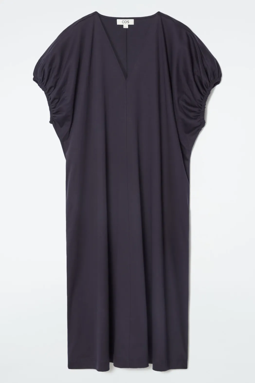COS OVERSIZED RUCHED-SLEEVE V-NECK DRESS NAVY