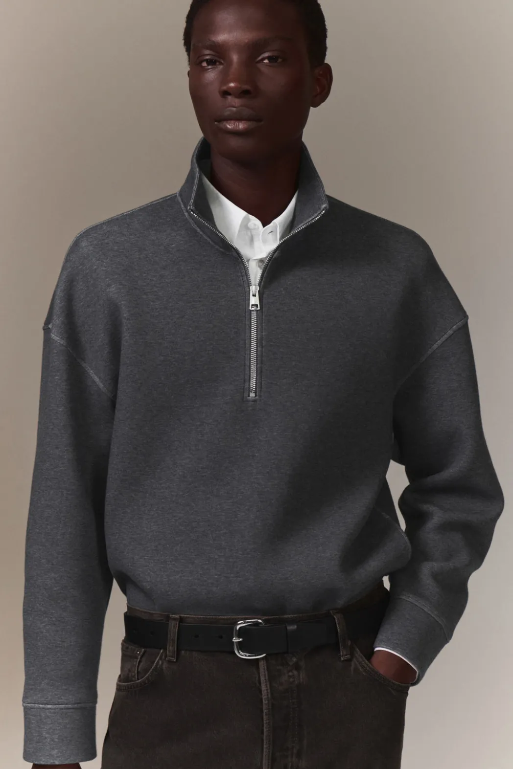 Outlet COS OVERSIZED SCUBA-JERSEY HALF-ZIP SWEATSHIRT GRAY