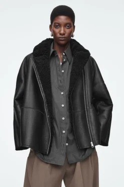 Discount COS OVERSIZED SHEARLING AVIATOR JACKET BLACK