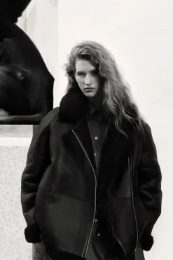 Discount COS OVERSIZED SHEARLING AVIATOR JACKET BLACK