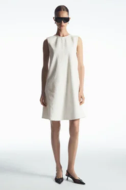 COS PANELED DENIM SHIFT DRESS WHITE