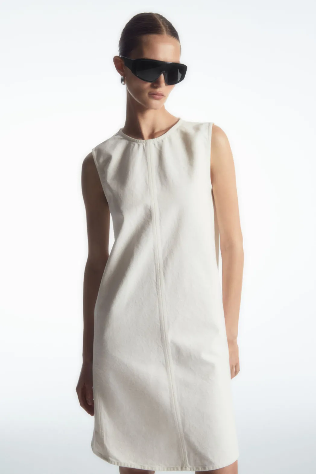 COS PANELED DENIM SHIFT DRESS WHITE