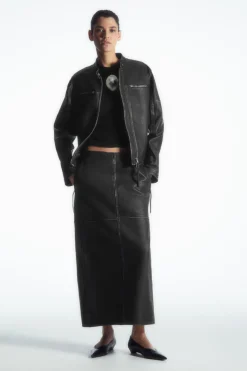 COS PANELED LEATHER RACER MIDI SKIRT BLACK