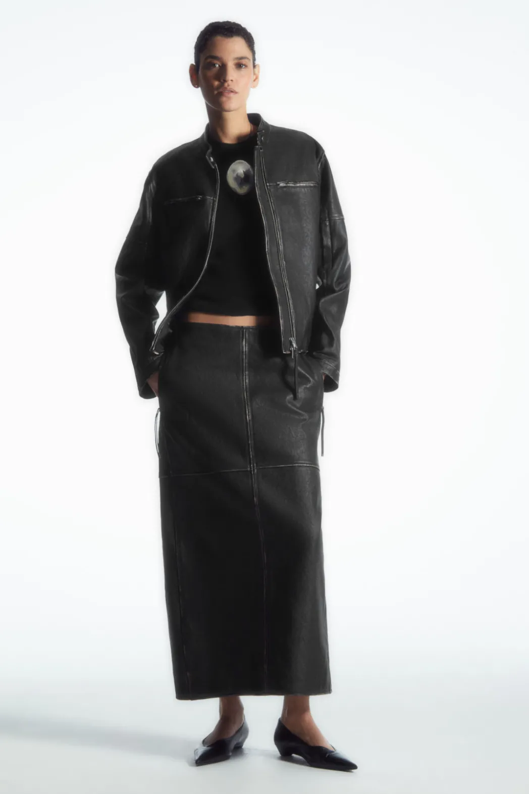 COS PANELED LEATHER RACER MIDI SKIRT BLACK